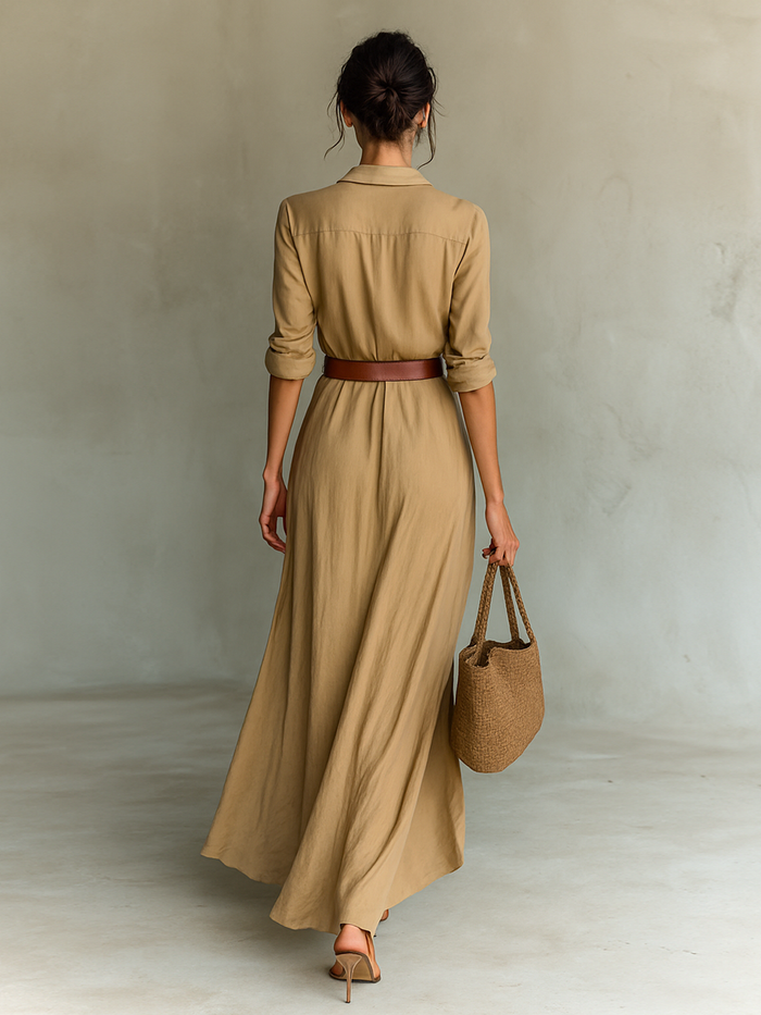 Maxi Long Dress with Lapel Collar and Long Sleeves for Women 🖤