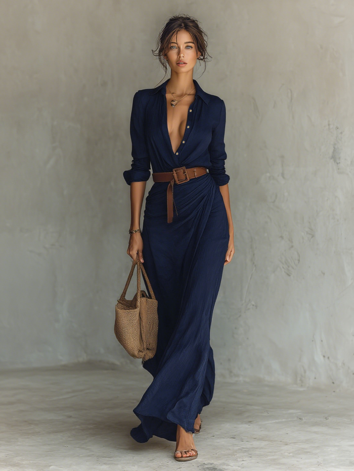 Maxi Long Dress with Lapel Collar and Long Sleeves for Women 🖤