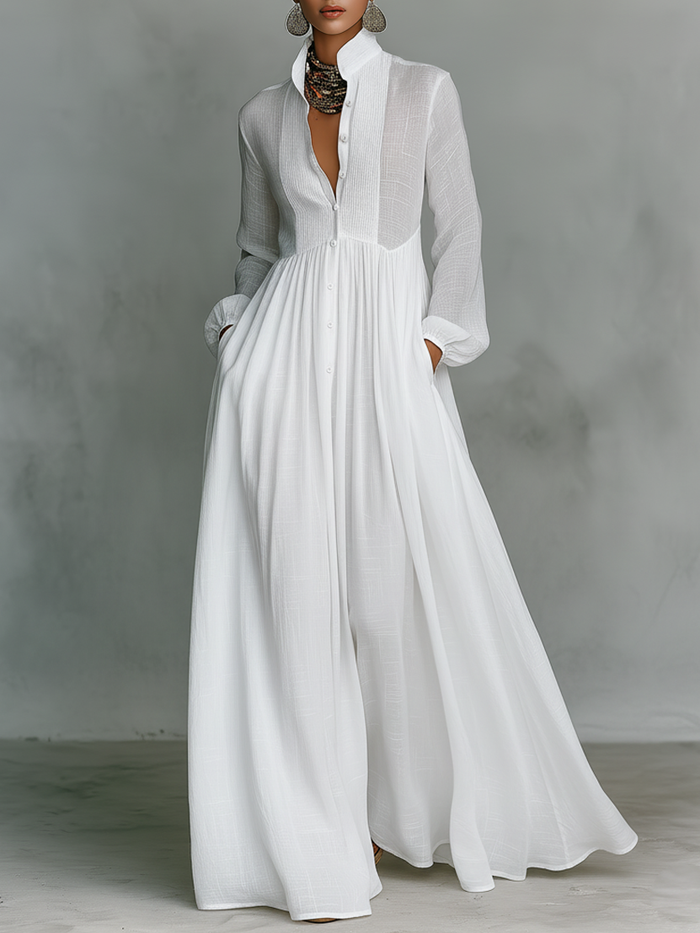 Maxi Minimalist Dress in Cotton & Linen with Patchwork, High Collar and Long Sleeves 🖤