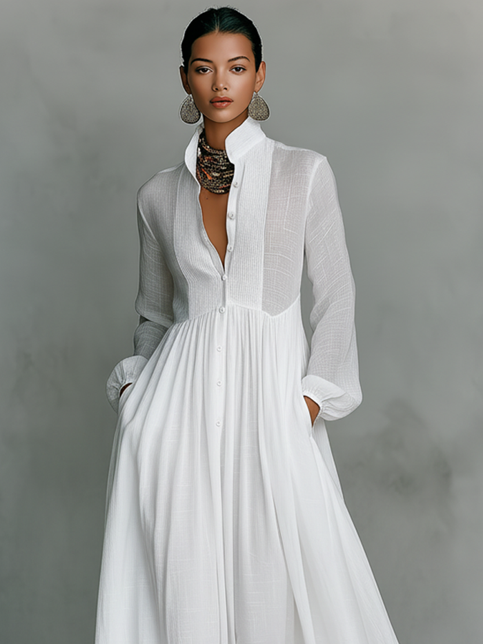 Maxi Minimalist Dress in Cotton & Linen with Patchwork, High Collar and Long Sleeves 🖤