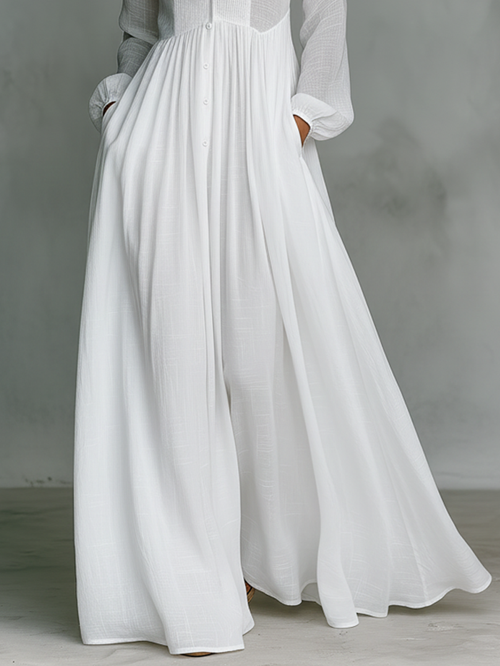 Maxi Minimalist Dress in Cotton & Linen with Patchwork, High Collar and Long Sleeves 🖤