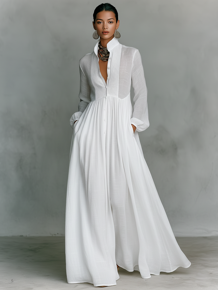 Maxi Minimalist Dress in Cotton & Linen with Patchwork, High Collar and Long Sleeves 🖤