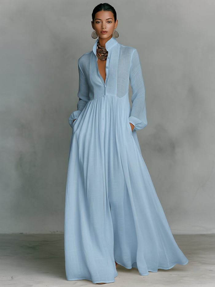 Maxi Minimalist Dress in Cotton & Linen with Patchwork, High Collar and Long Sleeves 🖤
