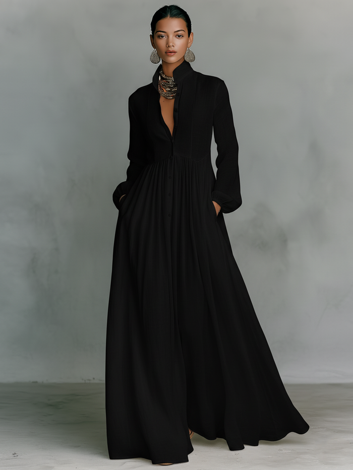 Maxi Minimalist Dress in Cotton & Linen with Patchwork, High Collar and Long Sleeves 🖤