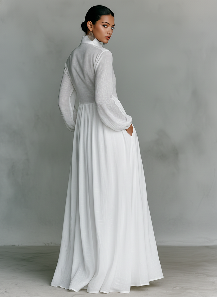 Maxi Minimalist Dress in Cotton & Linen with Patchwork, High Collar and Long Sleeves 🖤