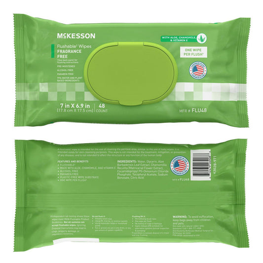 McKesson Flushable Wipes, Fragrance Free, 7" x 6.9"