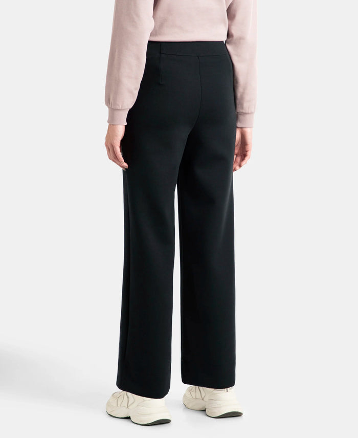 Microfiber Cotton Blend Elastane Stretch Relaxed Fit Wide Leg Pants with Zipper Pockets - Black