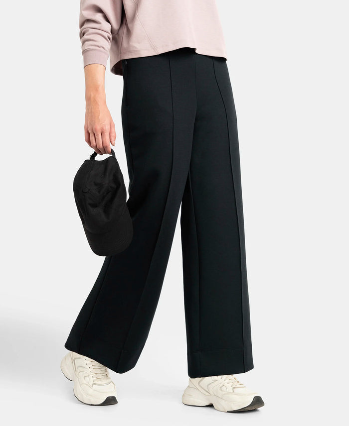 Microfiber Cotton Blend Elastane Stretch Relaxed Fit Wide Leg Pants with Zipper Pockets - Black