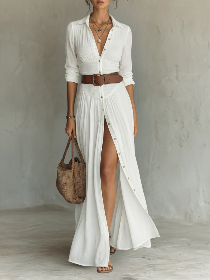 OLIVIA | Women’s Long Maxi Dress with Notched Lapel Collar and Long Sleeves