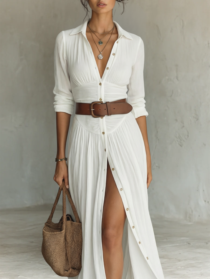 OLIVIA | Women’s Long Maxi Dress with Notched Lapel Collar and Long Sleeves