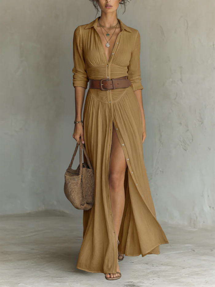 OLIVIA | Women’s Long Maxi Dress with Notched Lapel Collar and Long Sleeves