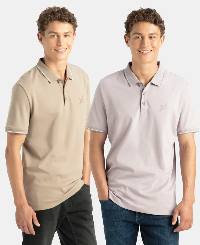 Pack of 2 Super Combed Cotton Rich Solid Half Sleeve Polo T-Shirt - Desert Taupe & Nirvana