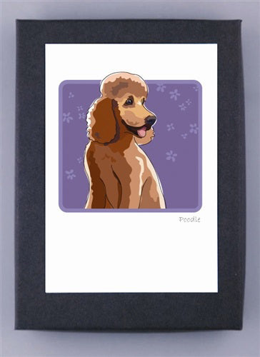 PAPER RUSSELLS - POODLE BOX NOTES features a brown poodle illustration on a purple paw print background, printed on recycled paper cards. "Poodle" is displayed at the bottom right. Brand: PAPER RUSSELLS.