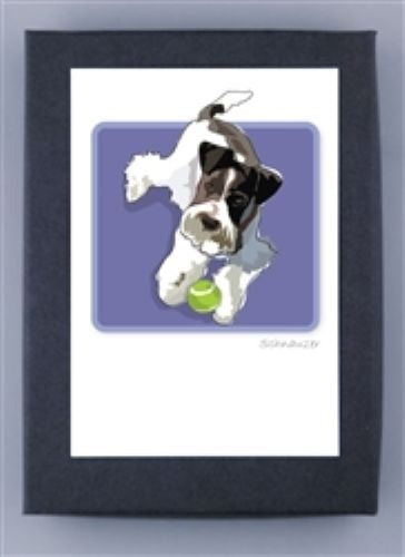PAPER RUSSELLS - SCHNAUZER WITH TENNIS BALL BOX NOTES: Features a black and white schnauzer with a green tennis ball on a purple background, matted in black. Made in the USA on recycled paper cards.