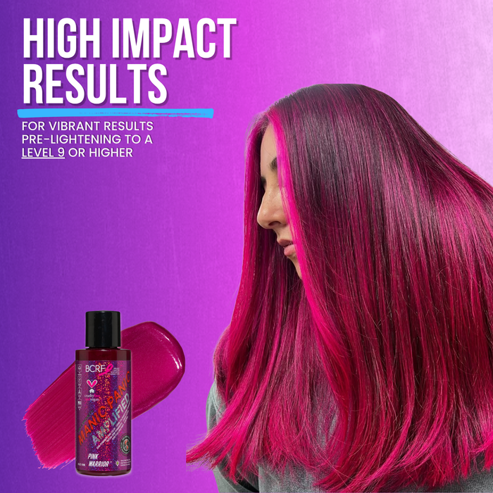 Woman with vibrant pink hair and a bottle of hair product on a purple background with text about high impact results.