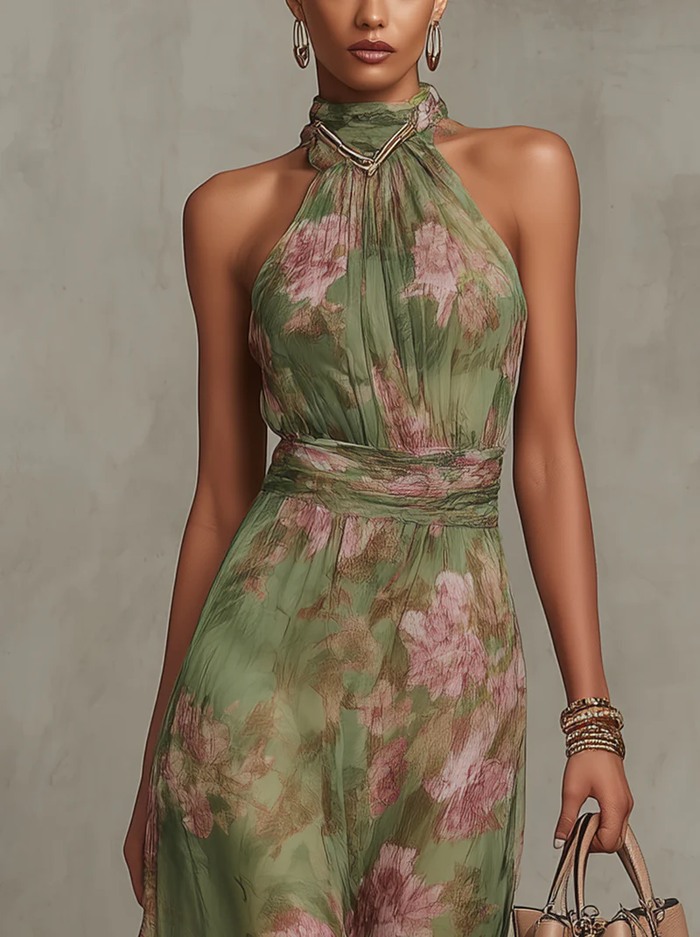 Serena ∙ Green Floral Chiffon Maxi Dress with Halter Neckline