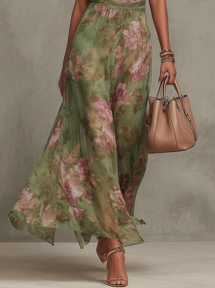 Serena ∙ Green Floral Chiffon Maxi Dress with Halter Neckline