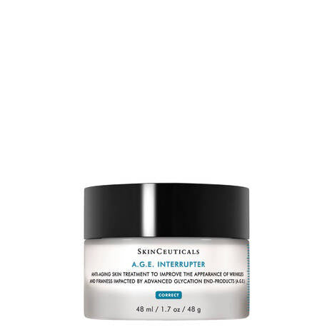 A jar of SKINCEUTICALS - A.G.E INTERRUPTER anti-wrinkle cream by SKIN CEUTICALS has a black lid, white container, and a blue "CORRECT" label, highlighting its advanced glycation end-product fighting properties.