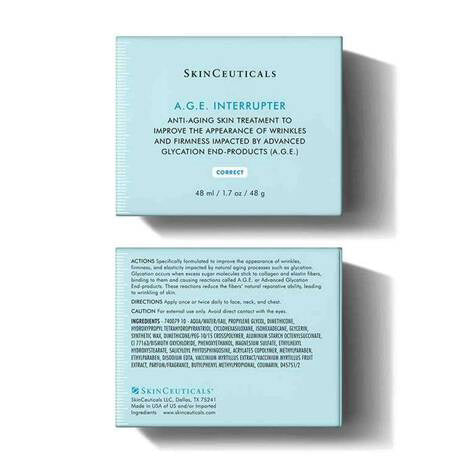 A jar of SKINCEUTICALS - A.G.E INTERRUPTER anti-wrinkle cream by SKIN CEUTICALS has a black lid, white container, and a blue "CORRECT" label, highlighting its advanced glycation end-product fighting properties.