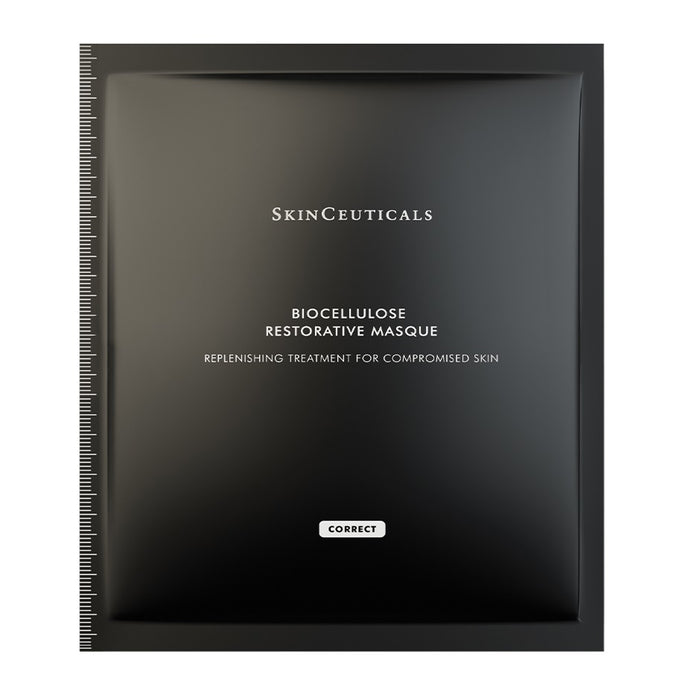 A black packet labeled "SKINCEUTICALS - BIOCELLULOSE RESTORATIVE MASKS (6PC)" by SKIN CEUTICALS, described as a replenishing mask for sensitive or post-procedure skin, with "Correct" at the bottom and a ruler along the left side.