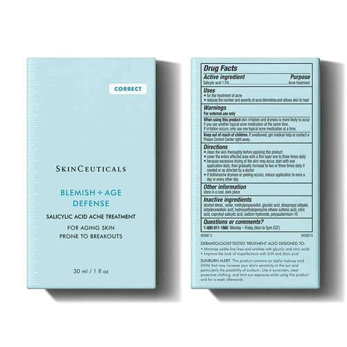 A 30ml brown glass dropper bottle labeled “SKINCEUTICALS - BLEMISH AGE DEFENSE” by SKIN CEUTICALS, a salicylic acid serum formulated to treat acne and aging skin prone to breakouts.