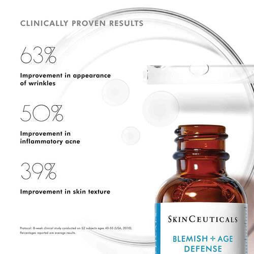 A 30ml brown glass dropper bottle labeled “SKINCEUTICALS - BLEMISH AGE DEFENSE” by SKIN CEUTICALS, a salicylic acid serum formulated to treat acne and aging skin prone to breakouts.
