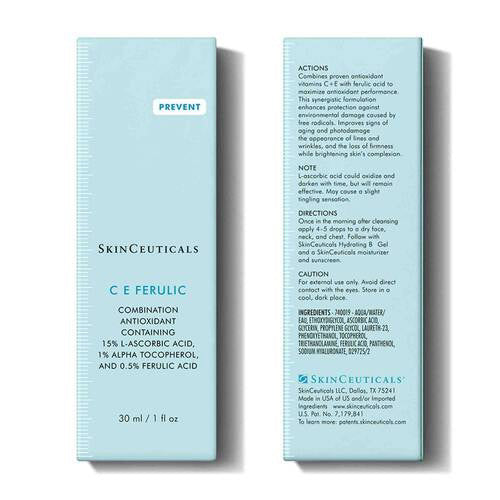 A 30 ml (1 fl oz) brown glass dropper bottle labeled "SKINCEUTICALS - CE FERULIC" by SKIN CEUTICALS, with blue and white text and a black dropper cap, contains a vitamin C serum providing antioxidant protection.