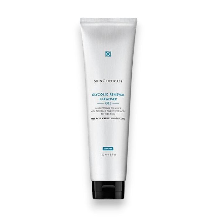 A 150 ml white tube of SKINCEUTICALS - GLYCOLIC RENEWAL CLEANSER with blue and black text and a flip-top cap stands upright against a plain white background—ideal for enhancing your complexion.