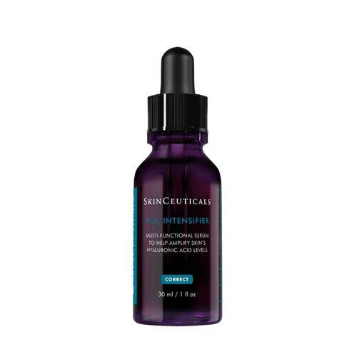 A 30 ml SKINCEUTICALS - HA INTENSIFIER serum by SKIN CEUTICALS in a dark purple dropper bottle with a black cap, designed to boost skin hydration and hyaluronic acid levels.