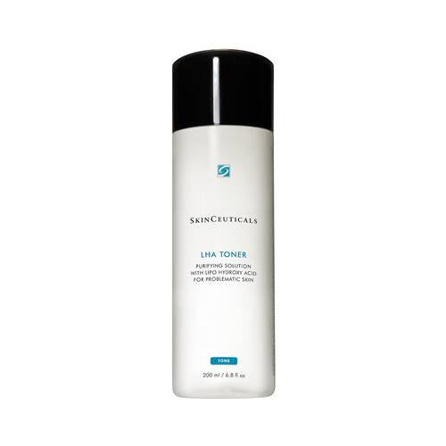 A white bottle of SKINCEUTICALS - LHA TONER by Skin Ceuticals, with a black cap and blue/black text, is an exfoliating toner formulated to purify problematic skin and reduce clogged pores.