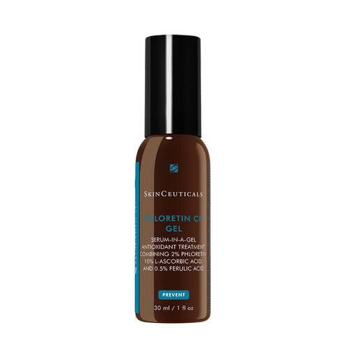 A brown 30 ml bottle of SKIN CEUTICALS PHLORETIN 30M gel with a black cap, featuring white and blue text, described as an antioxidant serum-in-a-gel treatment for skin discoloration.