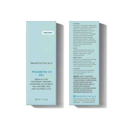 A brown 30 ml bottle of SKIN CEUTICALS PHLORETIN 30M gel with a black cap, featuring white and blue text, described as an antioxidant serum-in-a-gel treatment for skin discoloration.