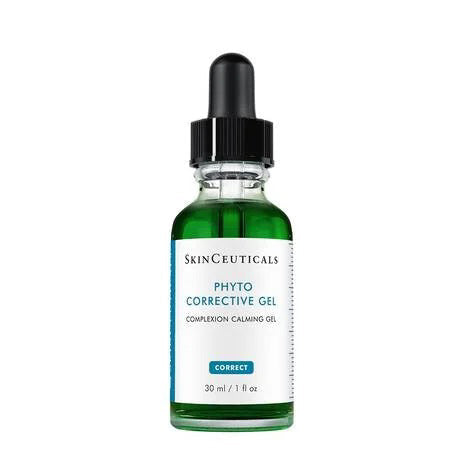 A green glass bottle of SKINCEUTICALS - PHYTO CORRECTIVE GEL by SKIN CEUTICALS with a dropper cap and white label, featuring details for this calming gel serum for sensitive skin in a 30 ml (1 fl oz) size.