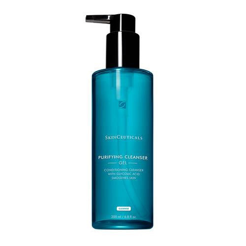 A blue pump bottle of SKINCEUTICALS - PURIFYING CLEANSER (200ml) with white text and a black dispenser. This glycolic acid gel cleanser from SKIN CEUTICALS gently purifies and conditions the skin.