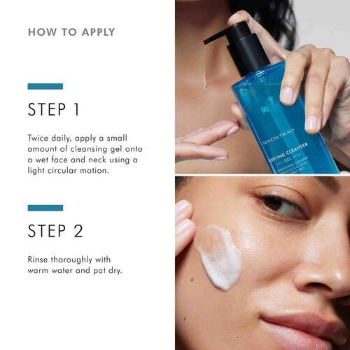A blue pump bottle of SKINCEUTICALS - PURIFYING CLEANSER (200ml) with white text and a black dispenser. This glycolic acid gel cleanser from SKIN CEUTICALS gently purifies and conditions the skin.