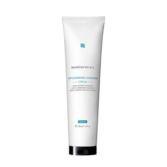 A white tube of SKINCEUTICALS REPLENISHING GEL CLEANSER with a black cap, blue accents, and front details is shown standing upright against a white background. Ideal for combination skin, it features a ceramide complex.