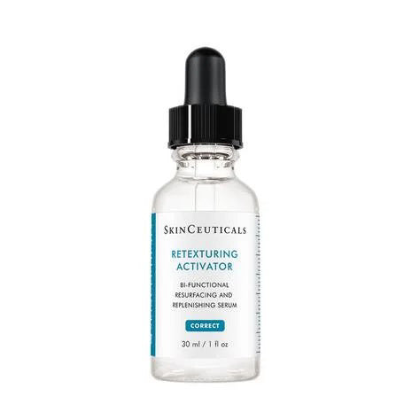 A 30 ml clear glass dropper bottle of SKINCEUTICALS - RETEXTURING ACTIVATOR by SKIN CEUTICALS, with a white label, blue accents, and black dropper cap.