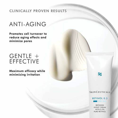 A white tube of SKIN CEUTICALS - RETINOL .03 night cream with a black cap stands upright against a plain white background. The label displays blue and black text detailing this anti-aging product designed to refine pores.