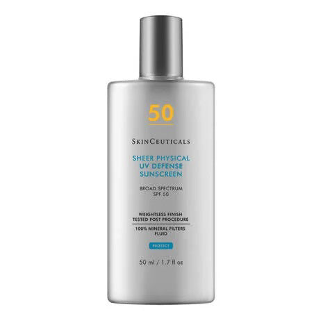 A silver bottle of SKINCEUTICALS - SHEER PHYSICAL DEFENSE SPF 50, a mineral sunscreen by SKIN CEUTICALS with a gray cap and blue and yellow text, offering broad spectrum protection and a weightless finish.