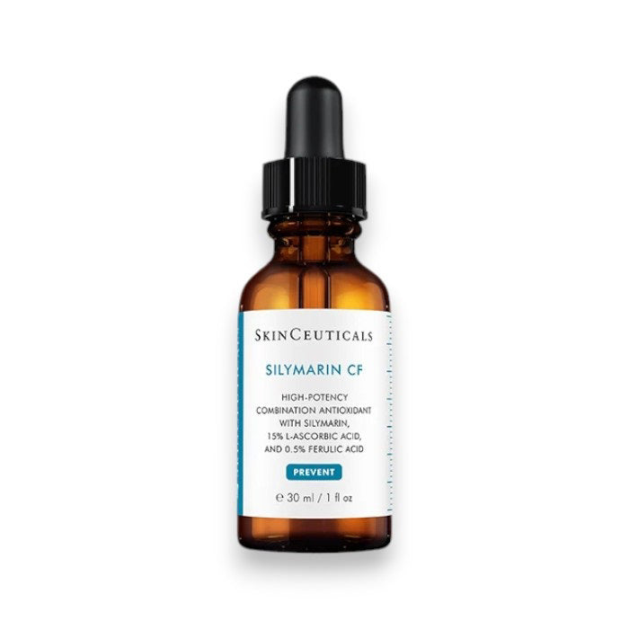 A 30 ml brown glass dropper bottle of SKIN CEUTICALS SKINCEUTICALS - SILYMARIN CF vitamin C serum with silymarin and ferulic acid, formulated for oily or blemish-prone skin, is shown against a white background.