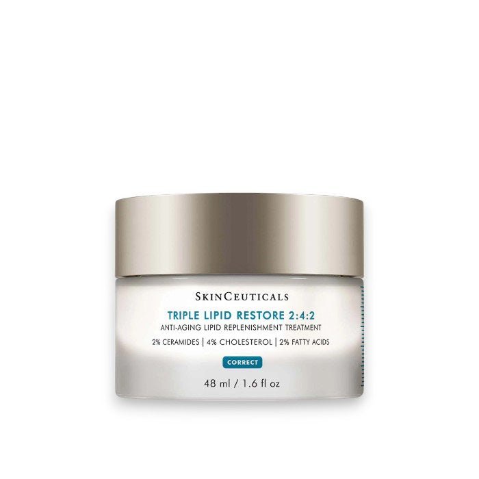 A 48ml jar of SKINCEUTICALS - TRIPLE LIPID by SKIN CEUTICALS, featuring ceramides for advanced lipid restoration, with a silver lid and white label, shown against a white background.
