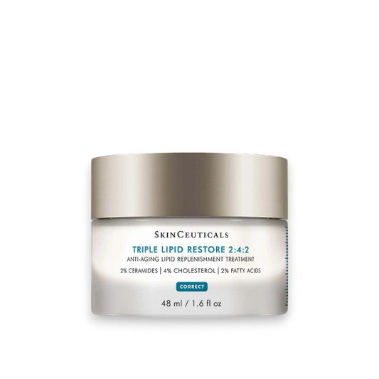 A 48ml jar of SKINCEUTICALS - TRIPLE LIPID by SKIN CEUTICALS, featuring ceramides for advanced lipid restoration, with a silver lid and white label, shown against a white background.