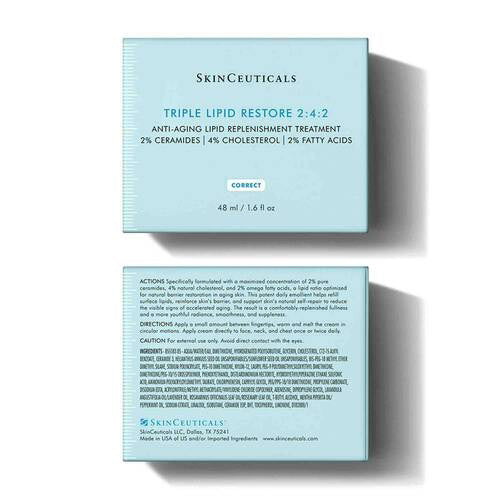 A 48ml jar of SKINCEUTICALS - TRIPLE LIPID by SKIN CEUTICALS, featuring ceramides for advanced lipid restoration, with a silver lid and white label, shown against a white background.