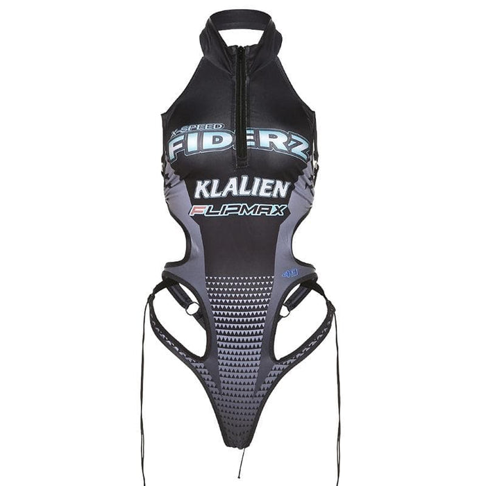 Sleeveless hollow out contrast print halter backless bodysuit