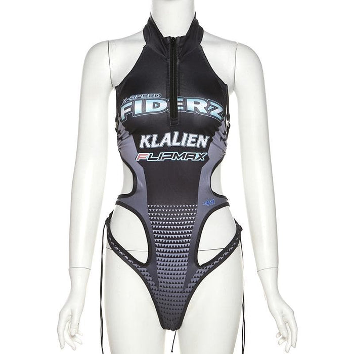Sleeveless hollow out contrast print halter backless bodysuit