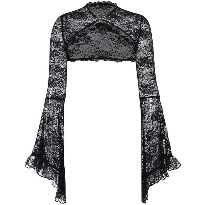 Solid flared sleeve lace hem button hollow out shrug cut out top