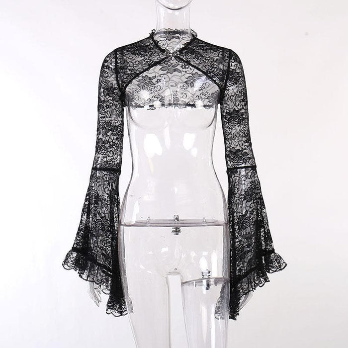 Solid flared sleeve lace hem button hollow out shrug cut out top