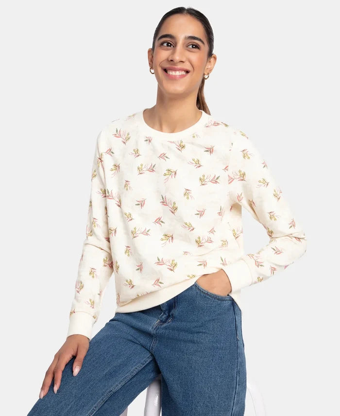 Super Combed Cotton Elastane Stretch French Terry Fabric Printed Sweatshirt with Ribbed Cuffs - Antique White