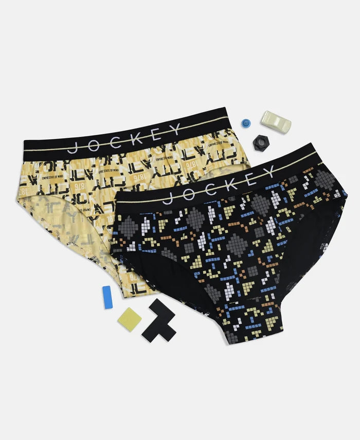 Super Combed Cotton Elastane Stretch Printed Brief with Ultrasoft Waistband - Black & Mellow Yellow (Pack of 2)