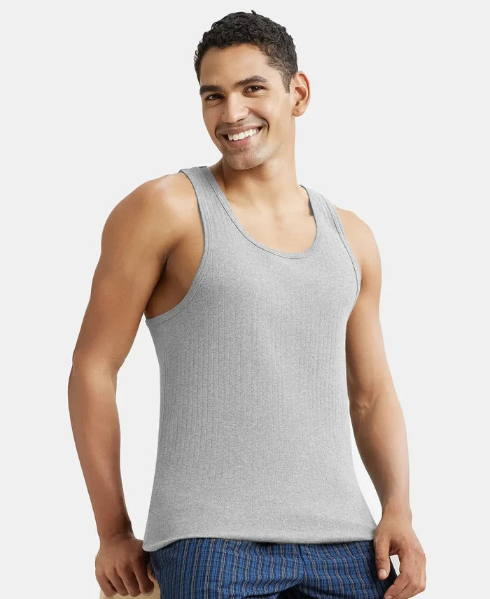 Super Combed Cotton Rib Round Neck with Racerback Gym Vest - Steel Grey Melange
